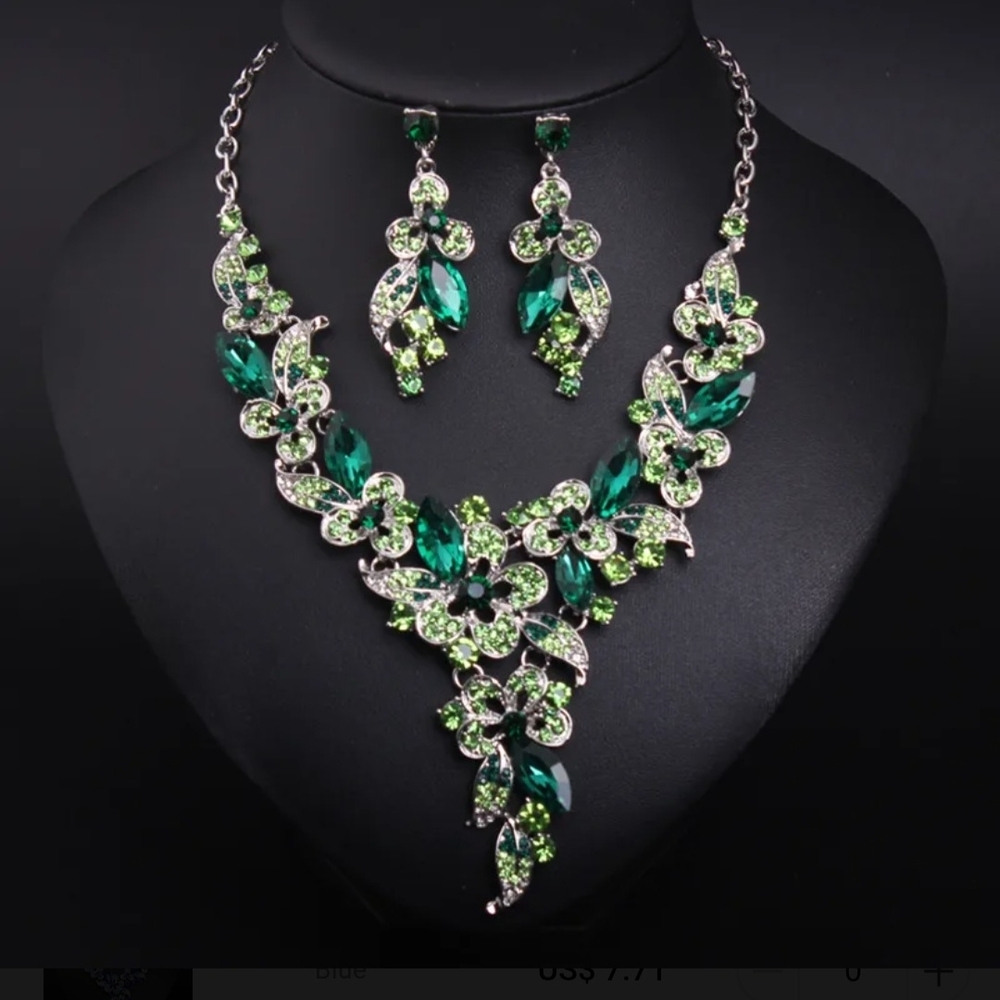 Emerald Green Rhinestone Floral Necklace and Earrings Set
